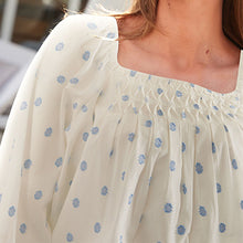 Load image into Gallery viewer, White/Blue Spots Off The Shoulder Square Neck Long Sleeve Top
