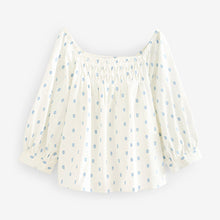 Load image into Gallery viewer, White/Blue Spots Off The Shoulder Square Neck Long Sleeve Top
