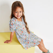 Load image into Gallery viewer, Blue/Orange Floral Ruched Sleeve Dress (3-12yrs)
