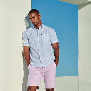 Blue/Pink Regular Fit Short Sleeve Stripe Easy Iron Button Down Oxford Shirt