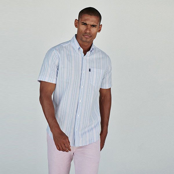 Blue/Pink Regular Fit Short Sleeve Stripe Easy Iron Button Down Oxford Shirt