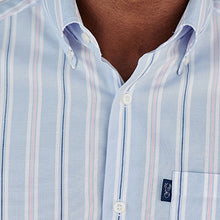 Load image into Gallery viewer, Blue/Pink Regular Fit Short Sleeve Stripe Easy Iron Button Down Oxford Shirt
