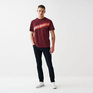 Burgundy Red Chest Lines Print T-Shirt