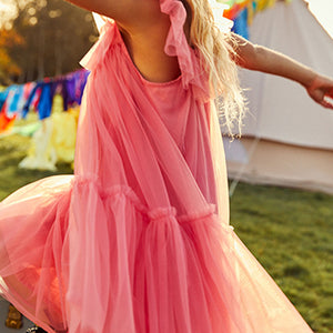 Coral Pink Mesh Party Dress (3-12yrs)