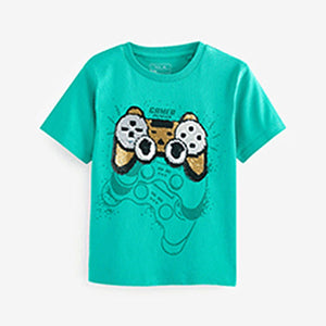 Teal Bleu Gaming Controller Flippy Sequin Short Sleeves T-Shirt (3-12yrs)