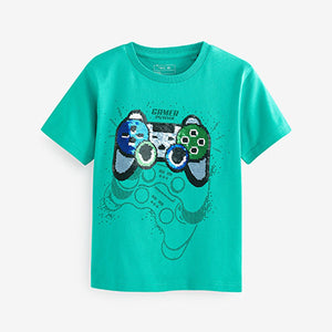 Teal Bleu Gaming Controller Flippy Sequin Short Sleeves T-Shirt (3-12yrs)