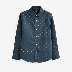 Navy Blue Printed Long Sleeve Oxford Shirt (3-12yrs)