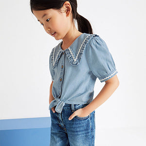 Blue Denim Puff Sleeve Tie Front Blouse (3-12yrs)