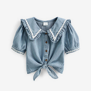 Blue Denim Puff Sleeve Tie Front Blouse (3-12yrs)