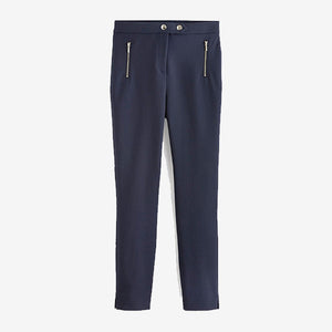 Navy Blue Elastic Back Skinny Zip Detail Trousers