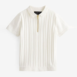 White Short Sleeve Textured Zip Neck Polo Shirt (3-12yrs)