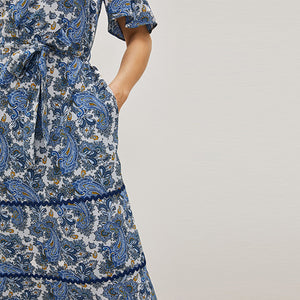Blue Paisley Print Zip Neck Midi Dress