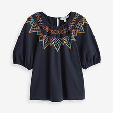 Load image into Gallery viewer, Navy Blue Short Puff Sleeves Embroidered Smock Top
