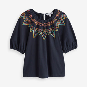 Navy Blue Short Puff Sleeves Embroidered Smock Top