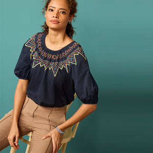 Navy Blue Short Puff Sleeves Embroidered Smock Top