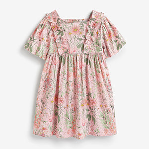 Pink Floral Printed Puff Sleeves Dress (3mths-6yrs)
