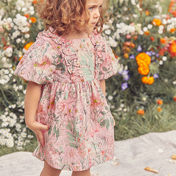 Pink Floral Printed Puff Sleeves Dress (3mths-6yrs)