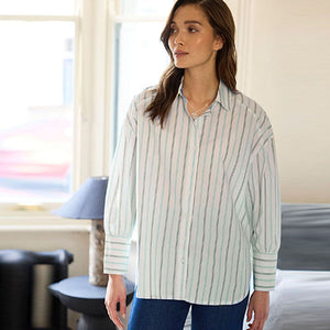 White with Blue Stripes Oversized Striped Long Sleeve Cotton Shirt