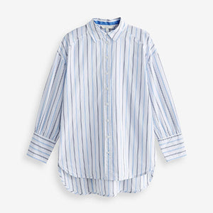 White with Blue Stripes Oversized Striped Long Sleeve Cotton Shirt