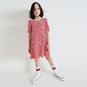 Red Ditsy Ruched Sleeve Dress (3-12yrs)