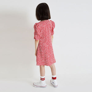 Red Ditsy Ruched Sleeve Dress (3-12yrs)