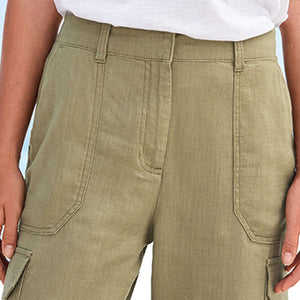 Khaki Green Linen Blend Cargo Taper Trousers