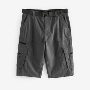 Grey Long Length Belted Cargo Shorts