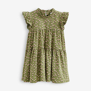 Khaki Green Floral Short Sleeve Tiered Jersey Dress (3mths-6yrs)