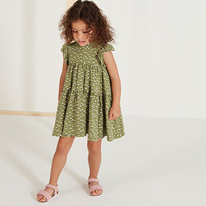 Khaki Green Floral Short Sleeve Tiered Jersey Dress (3mths-6yrs)