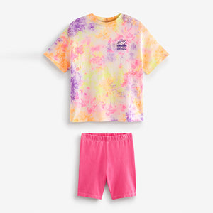 Fluro Pink Tie Die T-Shirt And Cycling Shorts Set (3-12yrs)