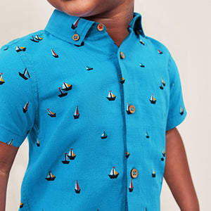 Blue Boat Print Short Sleeve Linen Cotton Shirt (3mths-6yrs)