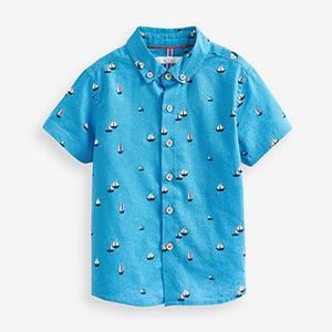 Blue Boat Print Short Sleeve Linen Cotton Shirt (3mths-6yrs)