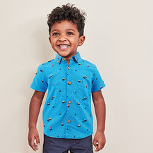 Load image into Gallery viewer, Blue Boat Print Short Sleeve Linen Cotton Shirt (3mths-6yrs)
