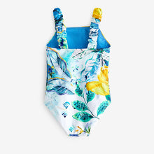 Load image into Gallery viewer, Blue/White Floral Ruched Sleeves Swimsuit (3mths-12yrs)
