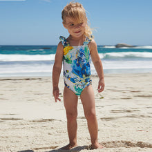 Load image into Gallery viewer, Blue/White Floral Ruched Sleeves Swimsuit (3mths-12yrs)
