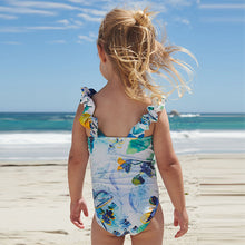 Load image into Gallery viewer, Blue/White Floral Ruched Sleeves Swimsuit (3mths-12yrs)
