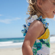 Load image into Gallery viewer, Blue/White Floral Ruched Sleeves Swimsuit (3mths-12yrs)
