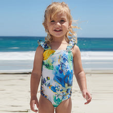 Load image into Gallery viewer, Blue/White Floral Ruched Sleeves Swimsuit (3mths-12yrs)
