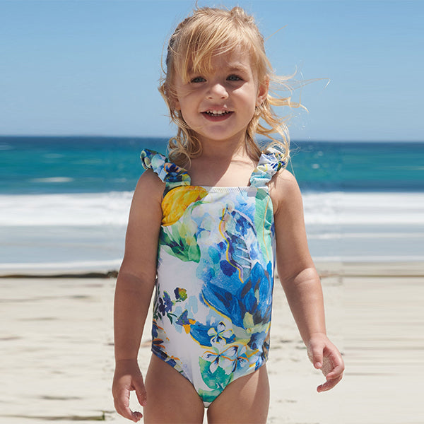 Blue/White Floral Ruched Sleeves Swimsuit (3mths-12yrs)