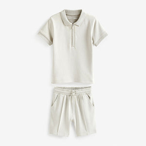 Neutral Cream Short Sleeve Jersey Zip Neck Polo Shirt And Shorts Set (3mths-6yrs)