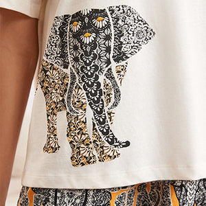 Black /Cream Elephant Cotton Pyjamas Short Set