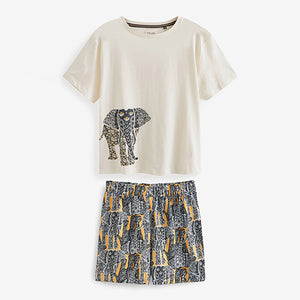 Black /Cream Elephant Cotton Pyjamas Short Set