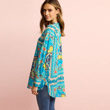 Load image into Gallery viewer, Teal Blue Mix Print Curved Hem Long Sleeve Tunic V-Neck Top
