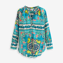 Load image into Gallery viewer, Teal Blue Mix Print Curved Hem Long Sleeve Tunic V-Neck Top
