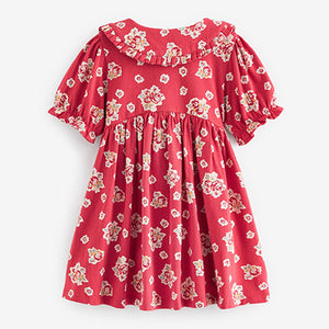 Red Floral Peter Pan Collar Puff Sleeve Cotton Jersey Dress (3mths-6yrs)