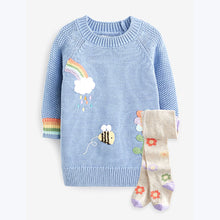 Load image into Gallery viewer, Blue Rainbow Flower Jumper Dress And Tights (3mths-7yrs)
