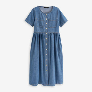 Mid Blue Button Through Denim Midi Dress