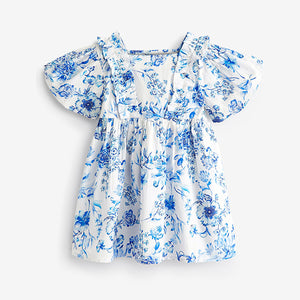 Blue Floral Printed Puff Sleeves Dress (3mths-6yrs)