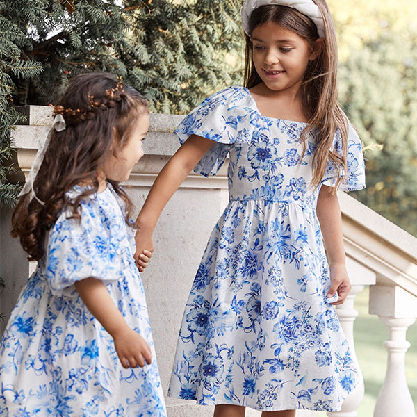 Blue Floral Printed Puff Sleeves Dress (3mths-6yrs)