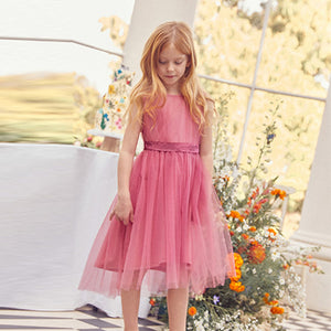 Pink Mesh Tie Back Party Dress (3-12yrs)